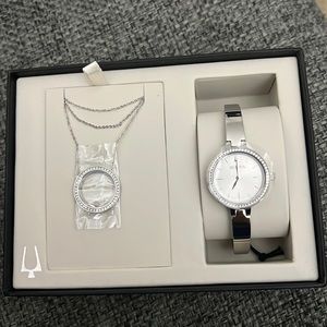 Brand new Bulova silver necklace & watch gift set